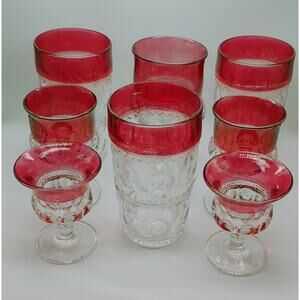 Set of Vintage Kings Crown Red Thumbprint Glasses